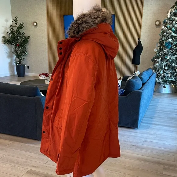 London Fog Men's Orange Puffer Jacket with Faux Fur Trim - Picture 3 of 13